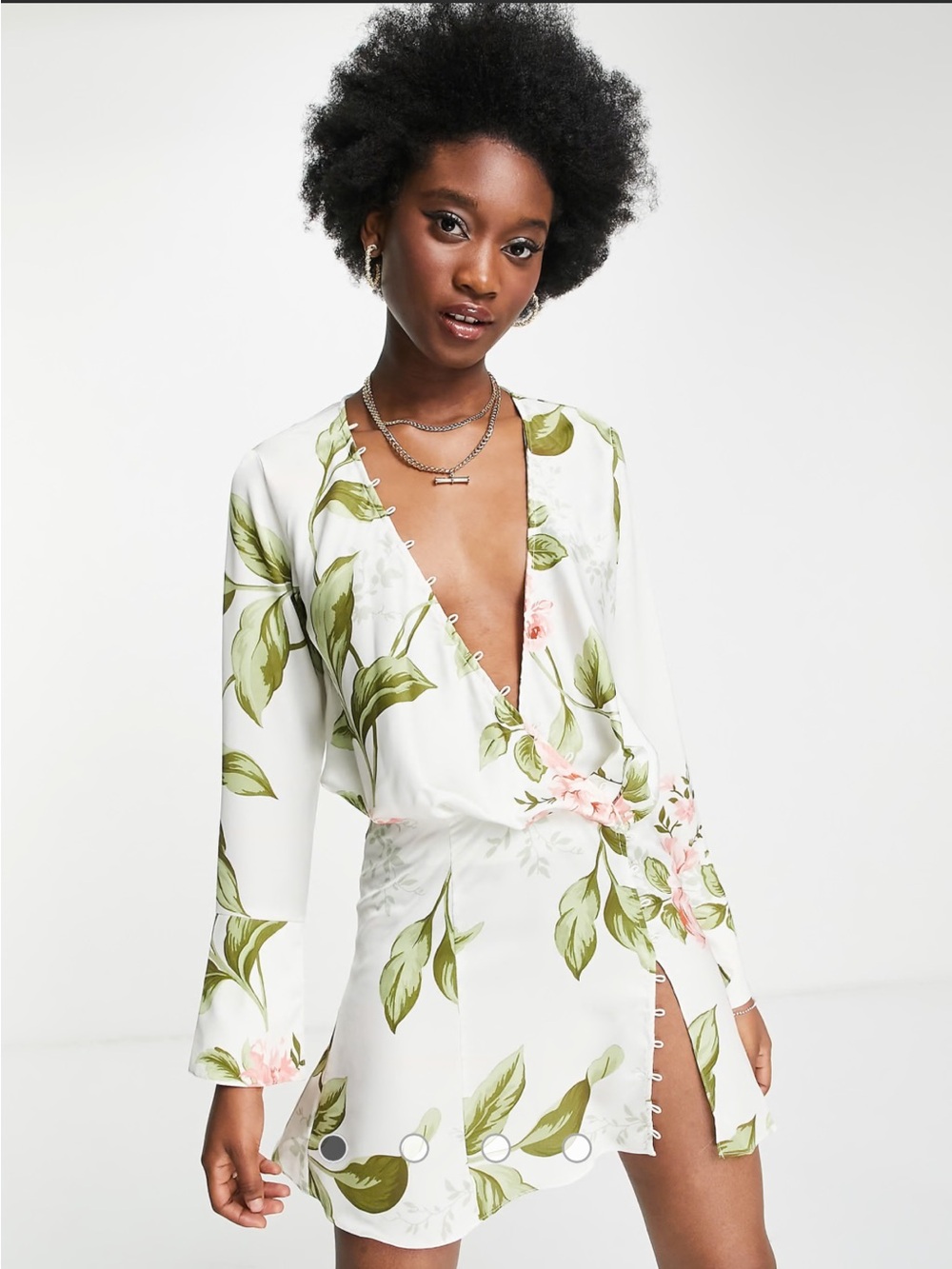 ASOS Cream Floral Long Sleeve mini dress with Pink Roses